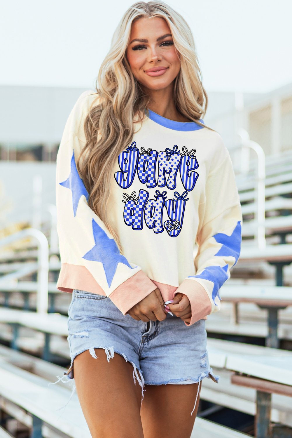 Beige Game Day Graphic Starry Patched Sleeve Contrast Trim Casual Sweatshirt - Image 4