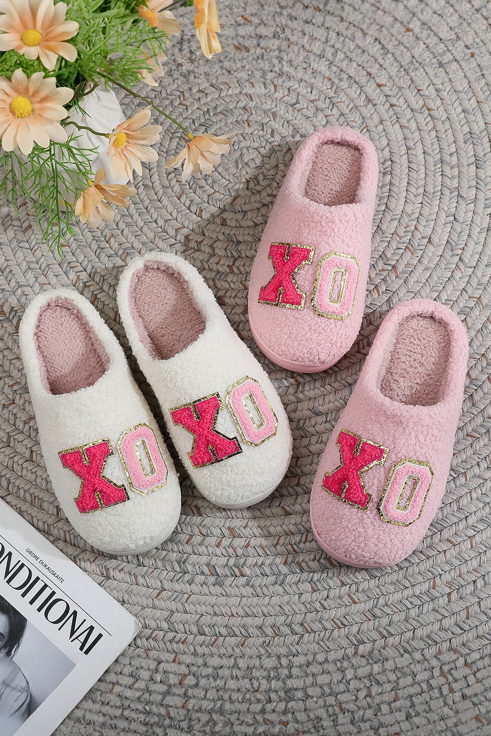 Pink XO XO Glitter Trim Letter Patched Plush House Slippers - Image 6