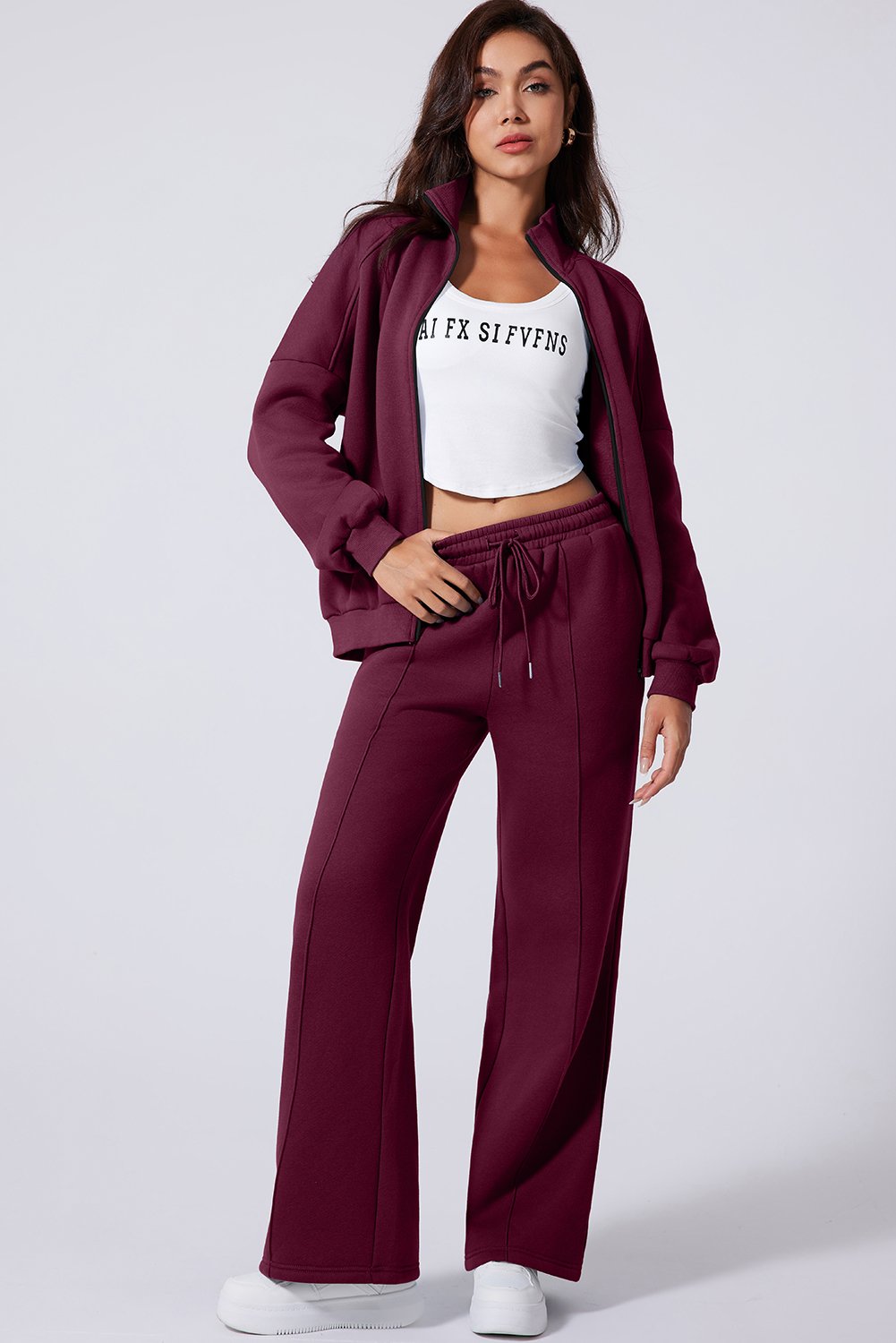 Burgundy Drop Shoulder Zip Up Jacket Drawstring Pants Active 2pcs Set - Image 3