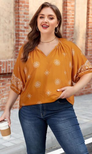 Yellow Boho Chic Notched V Neck Plus Floral Short Sleeve Top