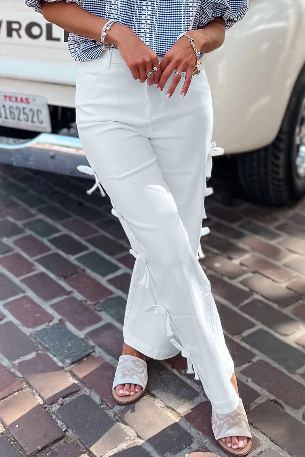 White Bow Knot Side Detail Straight Leg Loose Jeans - Image 6