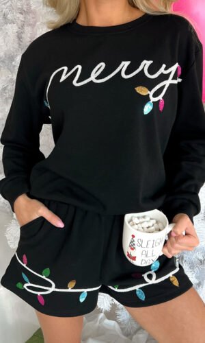 Black Sequin Merry Graphic Pullover and Shorts Outfit