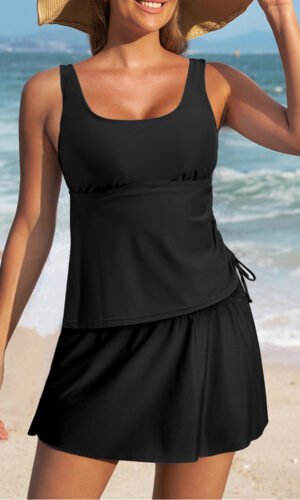 Black Scoop Neck Adjustable Tankini and Matching Skort Bathing Suit