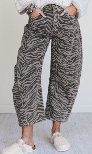 Gray Zebra Stripe Printed Wide Leg Jeans