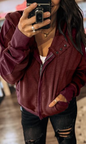 Burgundy Waffle Splicing Zip Up Front Button Hooded Jacket