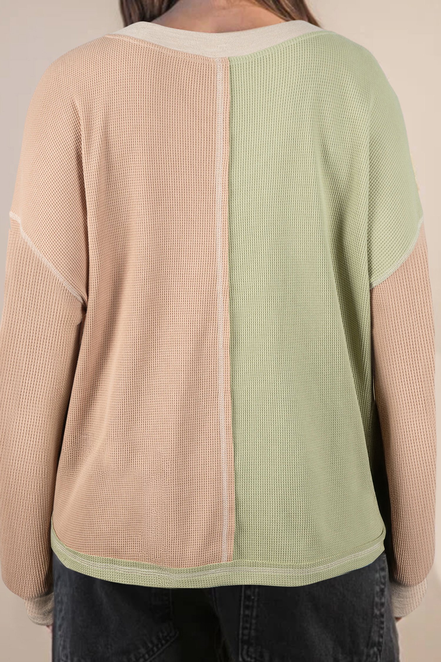 Green Plus Mixed Texture Color Block Patchwork V Neck Long Sleeve Top - Image 2