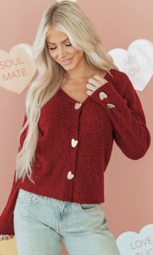 Fiery Red Heart Metal Button V Neck Cardigan Sweater