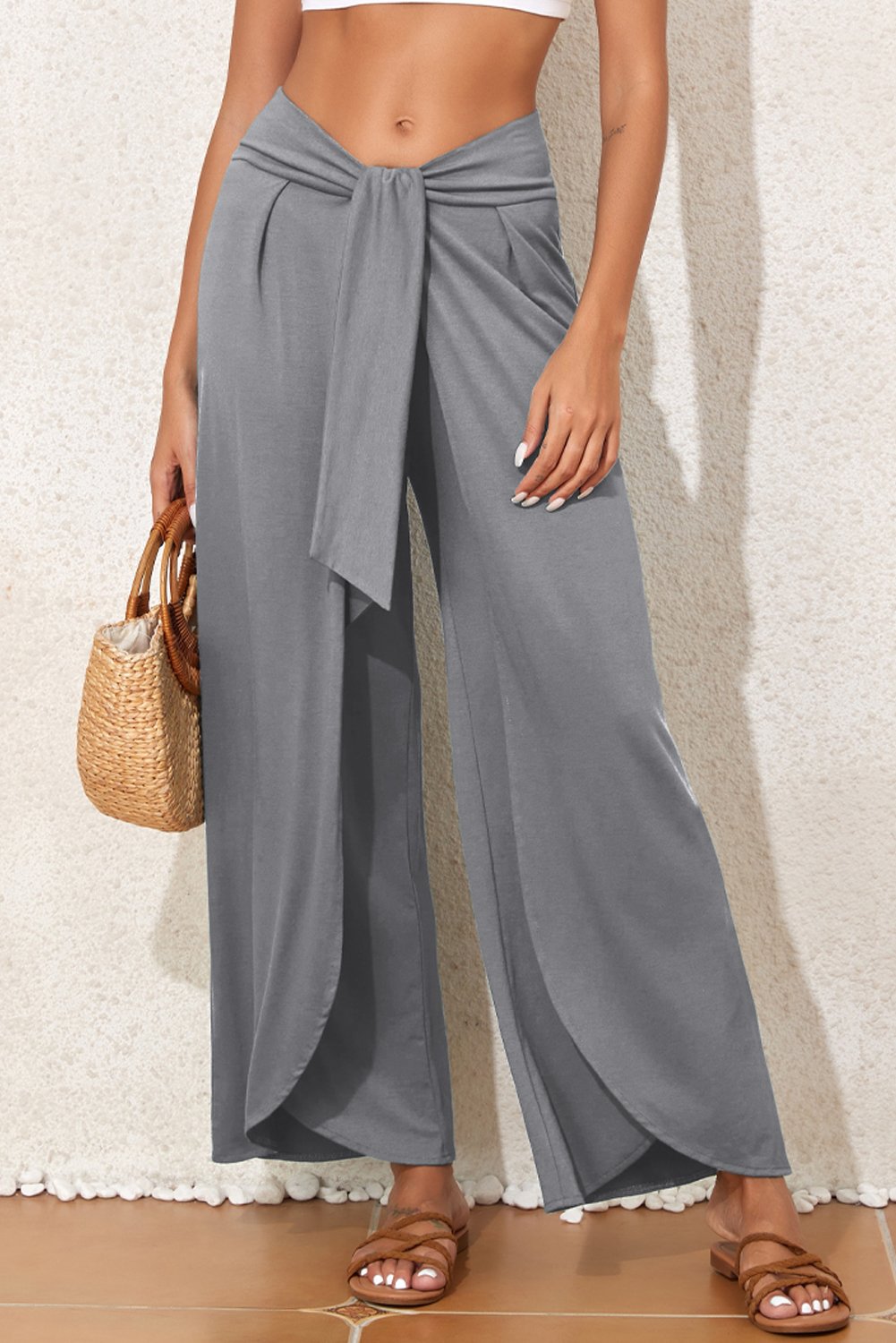 Medium Grey Knotted Drop Waist Split Leg Relaxed Pants - Image 4