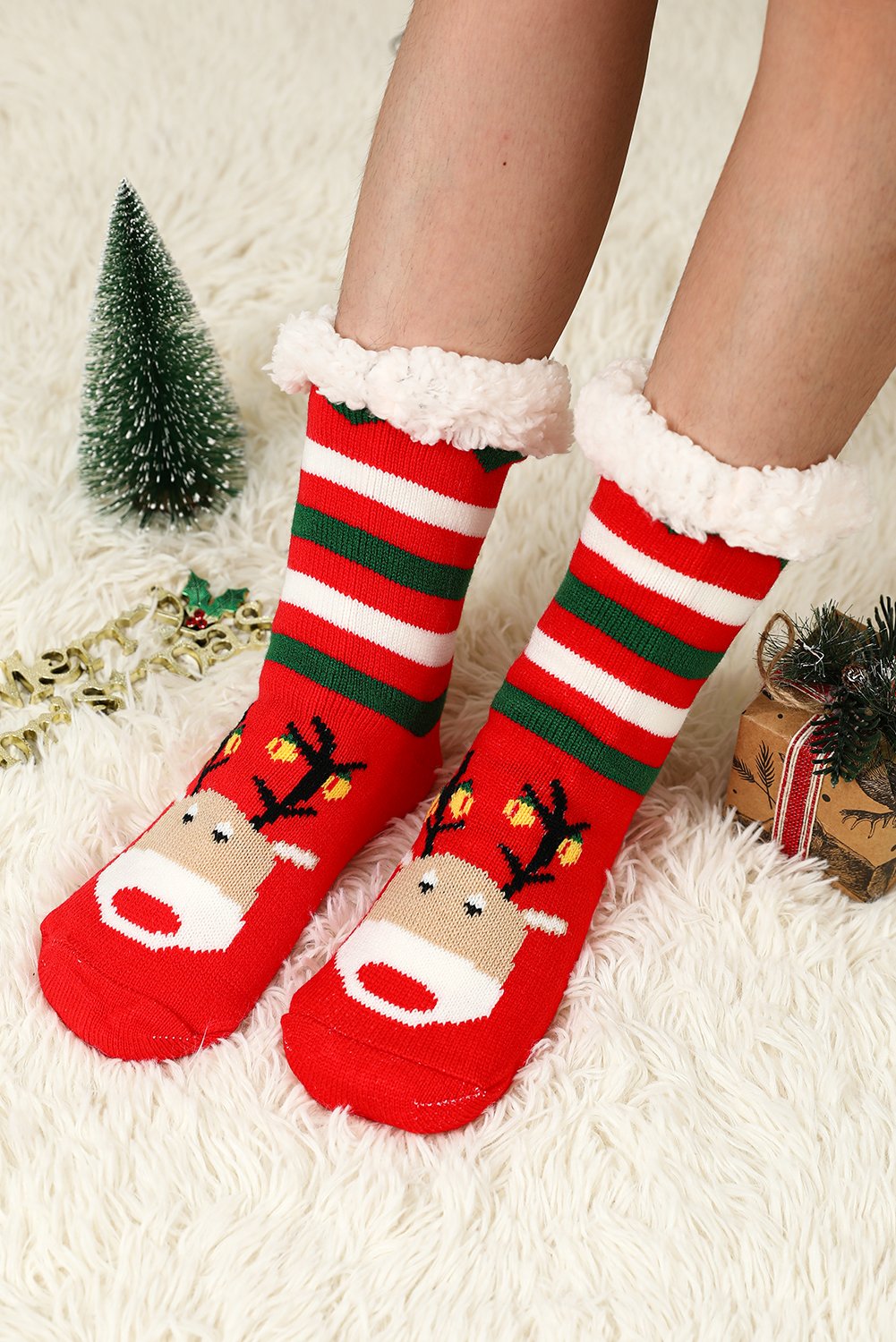Fiery Red Christmas Cartoon Pattern Woolen Knit Socks - Image 3