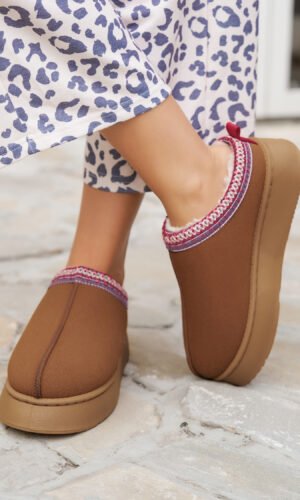 Chestnut Contrast Print Suede Plush Lined Snow Boots