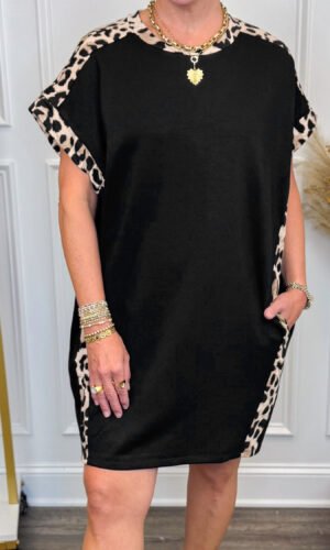 Black Plus Size Leopard Print Patchwork Shift T Shirt Dress with Pockets