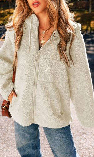 Beige Fleece Zip Up Drawstring Hooded Pocketed Jacket