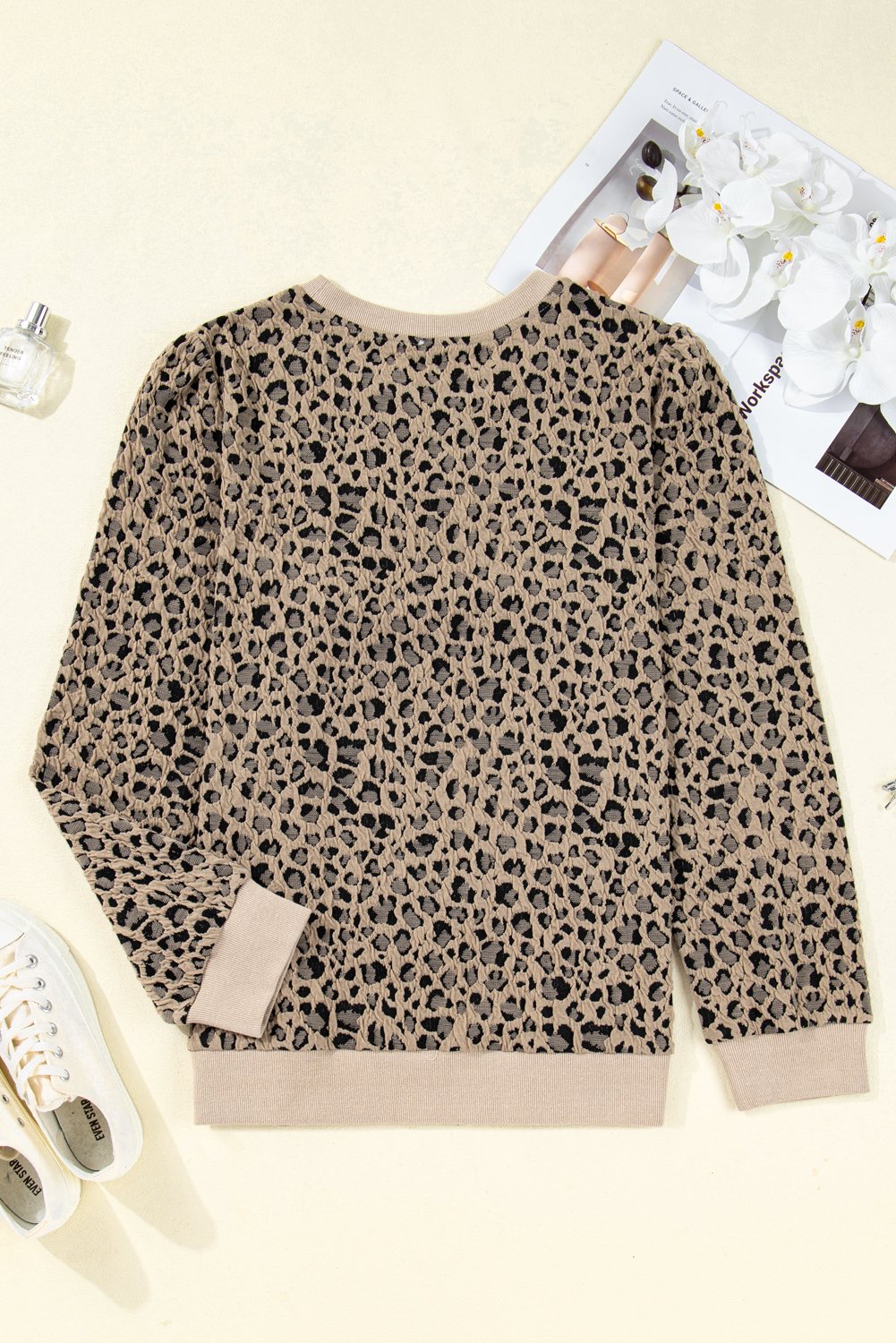 Khaki Leopard Textured Ribbed Trim Plus Size Long Sleeve Top - Image 8