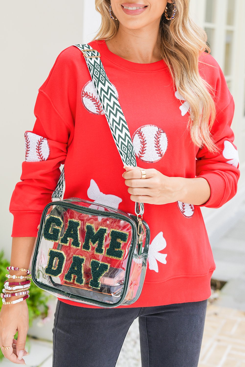 Blackish Green GAME DAY Chenille Embroidered Clear PVC Shoulder Bag - Image 3