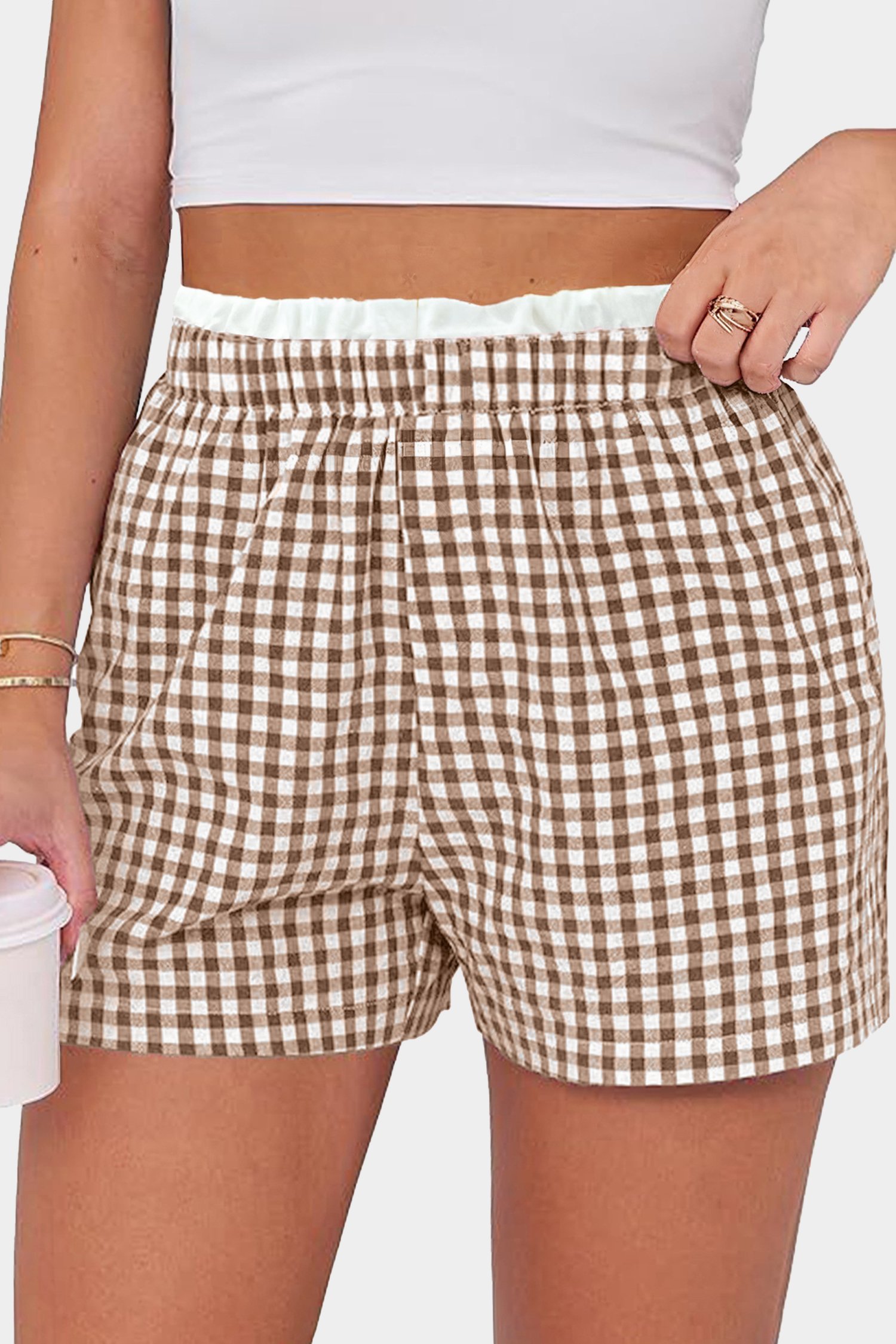 Khaki Contrast Trim Plaid Print Plus Size Shorts - Image 4