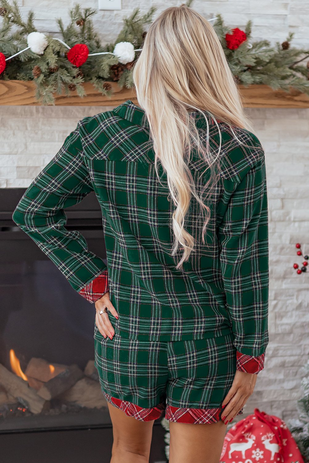 Green Plaid Contrast Patched Christmas Holiday Long Sleeve Shirt and Short 2pcs Pajama Set - Image 2