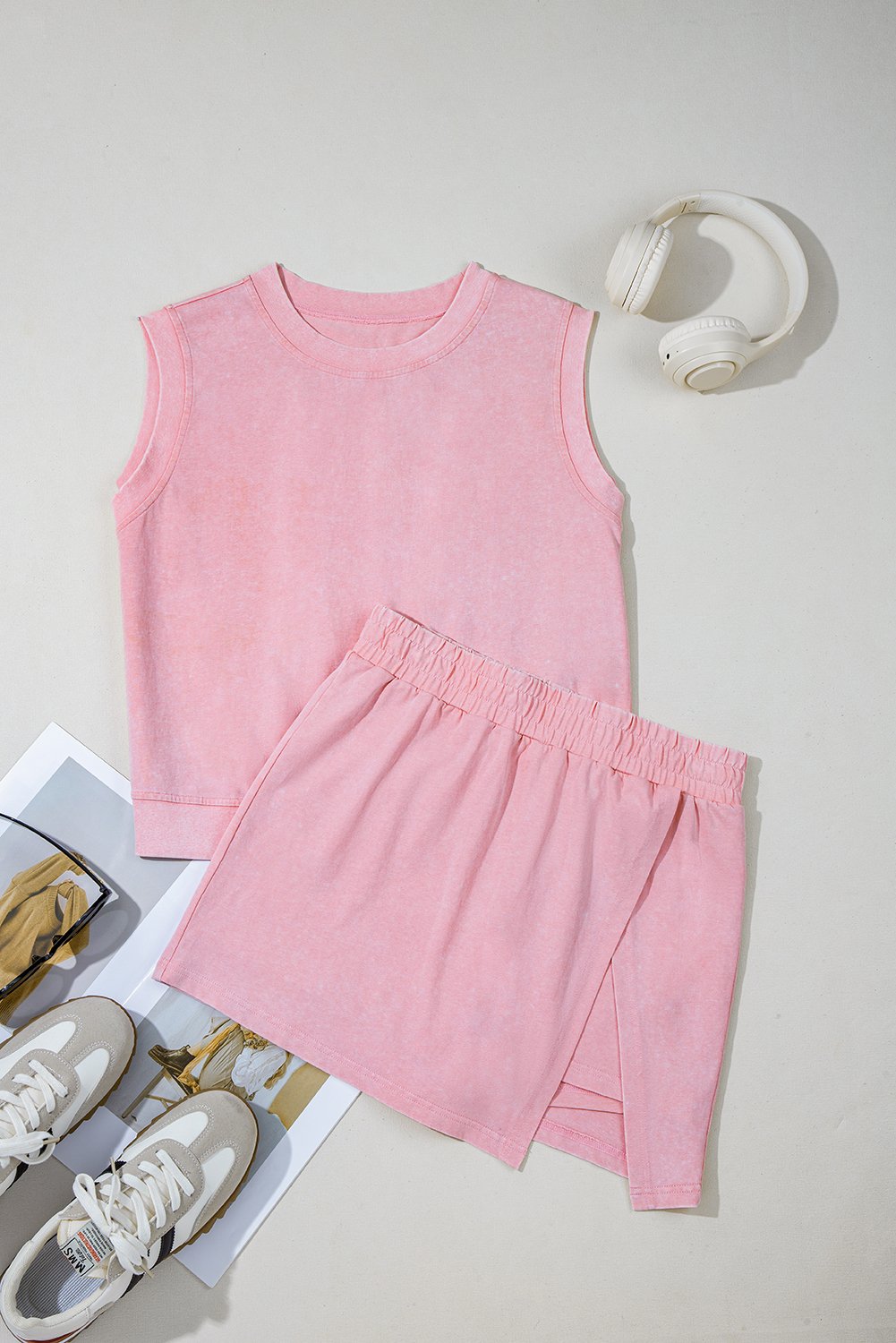 Light Pink 2 Pieces Mineral Wash Cotton Tank Top Lined Split Skirt Set - Image 8