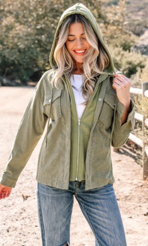 Laurel Green 2 in 1 Thermal Knit Textured Hooded Jacket