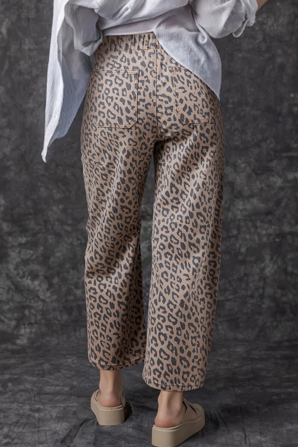 Khaki Leopard Printed Drawstring Elastic Waistband Pocketed Wide Leg Jeans - Image 2