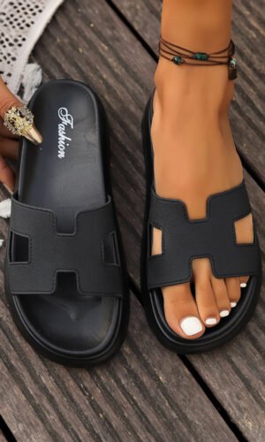 Black Cutout Design Open Toe Platform Slippers (Run Small, Size Up)