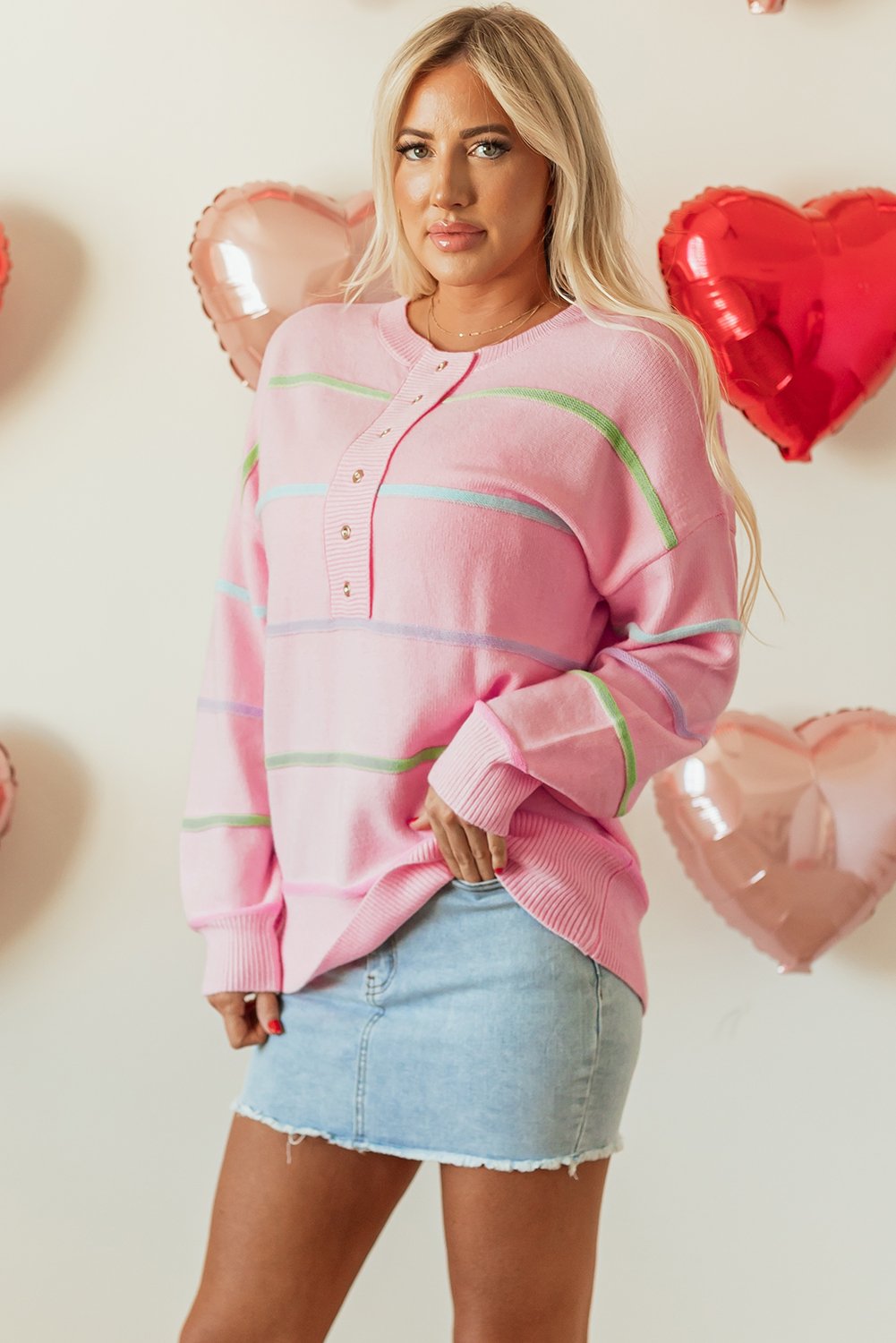 Pink Rainbow Stripes Drop Shoulder Baggy Henley Sweater - Image 3