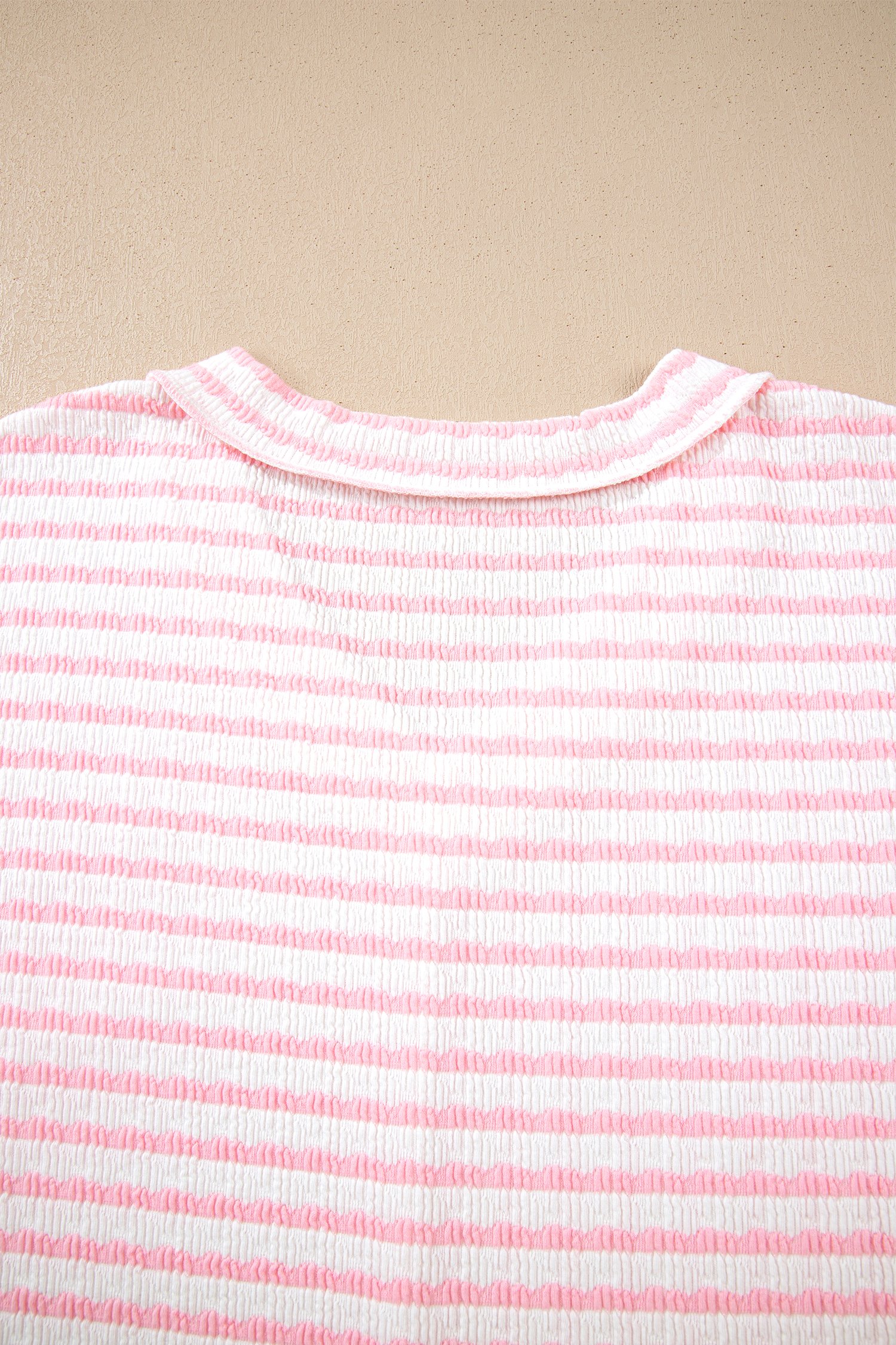 Pink Stripe Plus Size V Neck Exposed Seam Patchwork T Shirt - Image 7