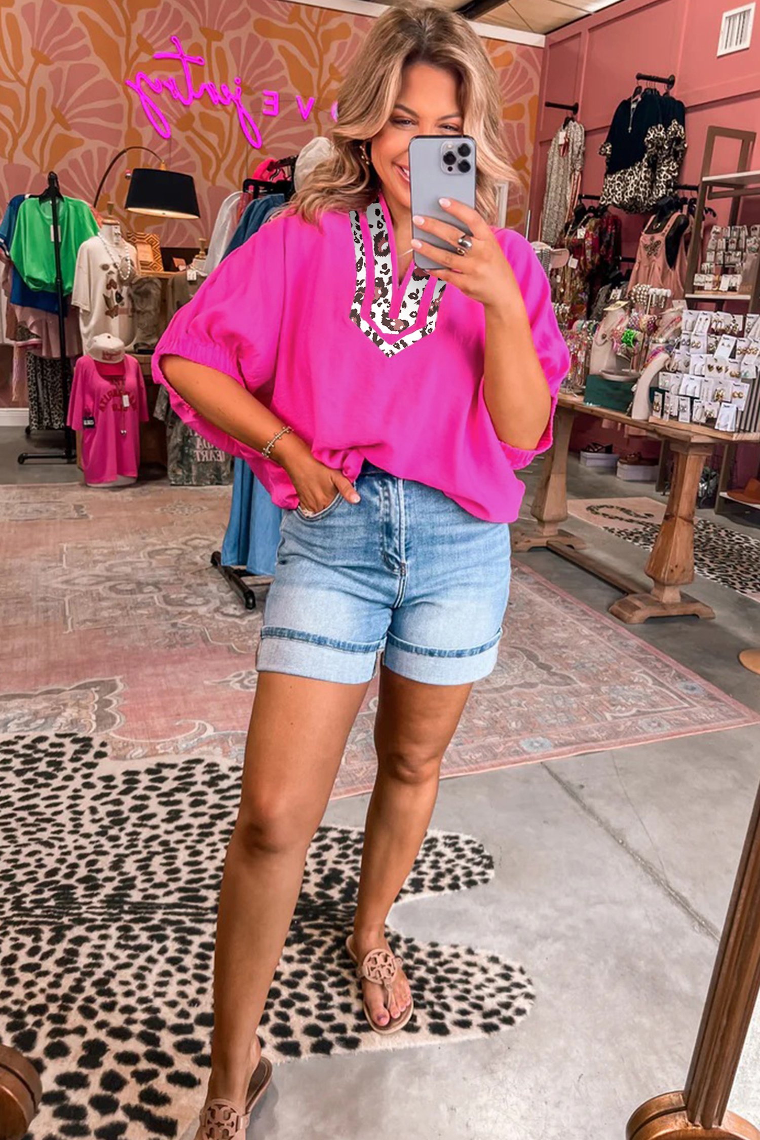 Rose Red Dolman Half Sleeve Leopard Patchwork Trim V Neck Blouse - Image 2