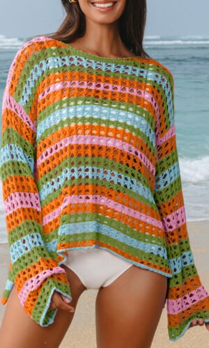 Carrot Multi Stripe Open Knit Sweater Beach Cover Up