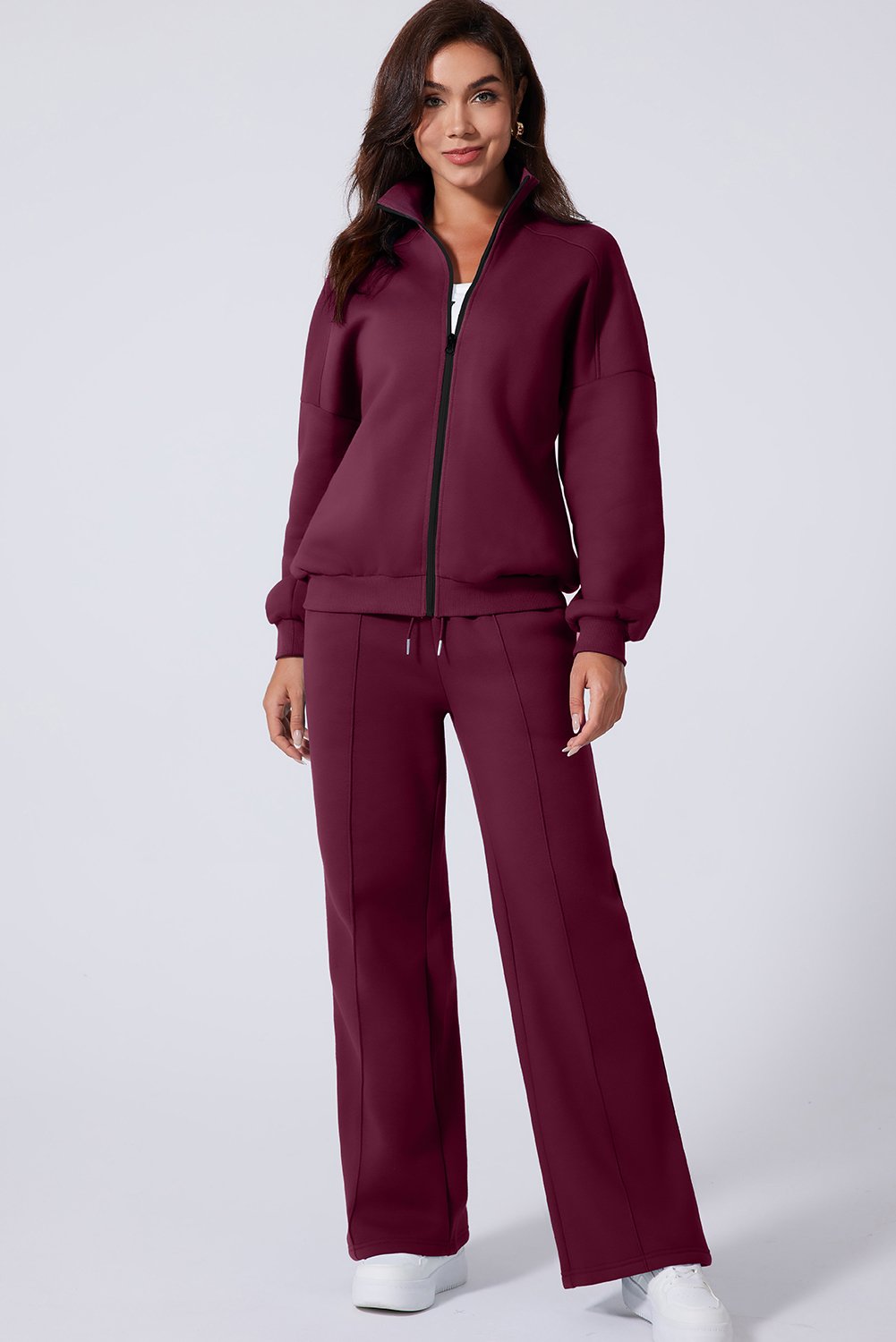 Burgundy Drop Shoulder Zip Up Jacket Drawstring Pants Active 2pcs Set - Image 5