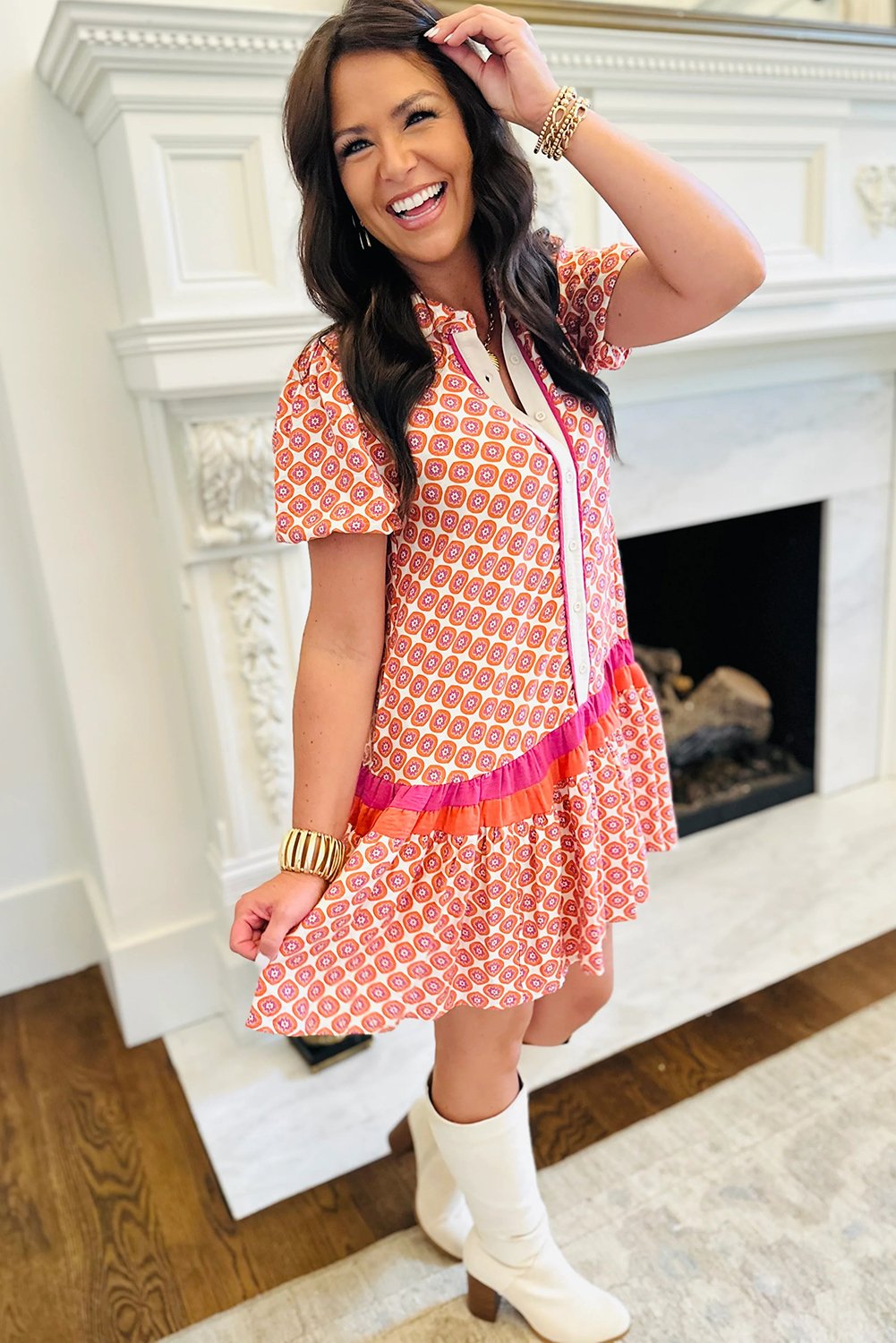 Orange Geometric Floral Print Color Block Trim Button Front Ruffle Hem Dress - Image 5