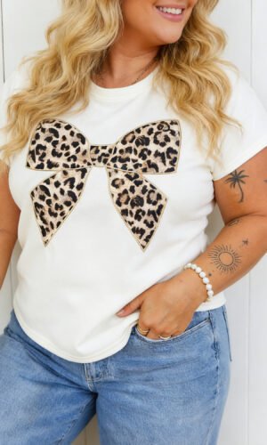 White Plus Size Leopard Bow Embroidered Patch Casual T Shirt