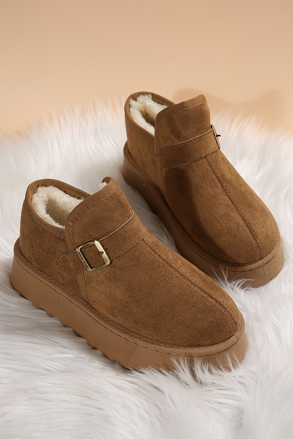 Coffee Buckle Detail Round Toe Platform Cozy Winter Boots - Image 5