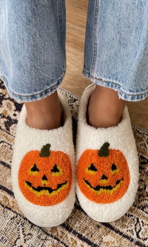 White Halloween Pumpkin Print Plush Slippers (Runs Small, Size Up)
