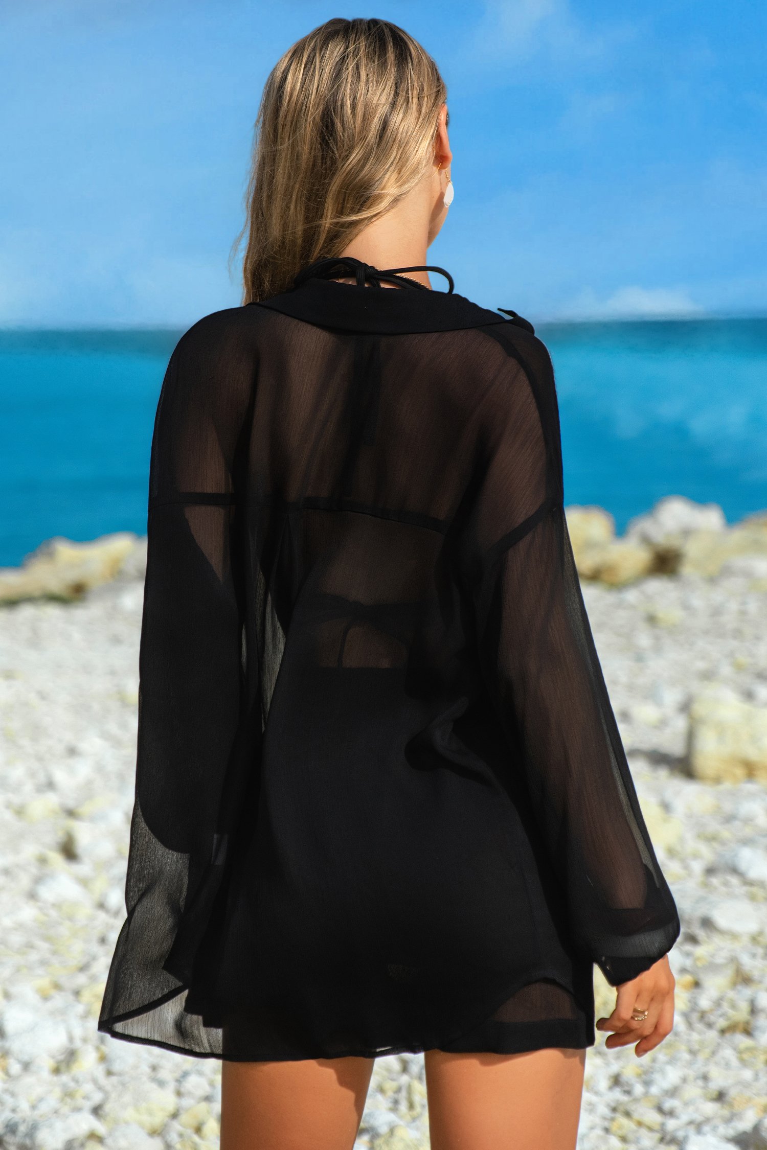 Black Sheer Tunic Shirt Drawstring Shorts 2pcs Swim Cover Up - Image 2
