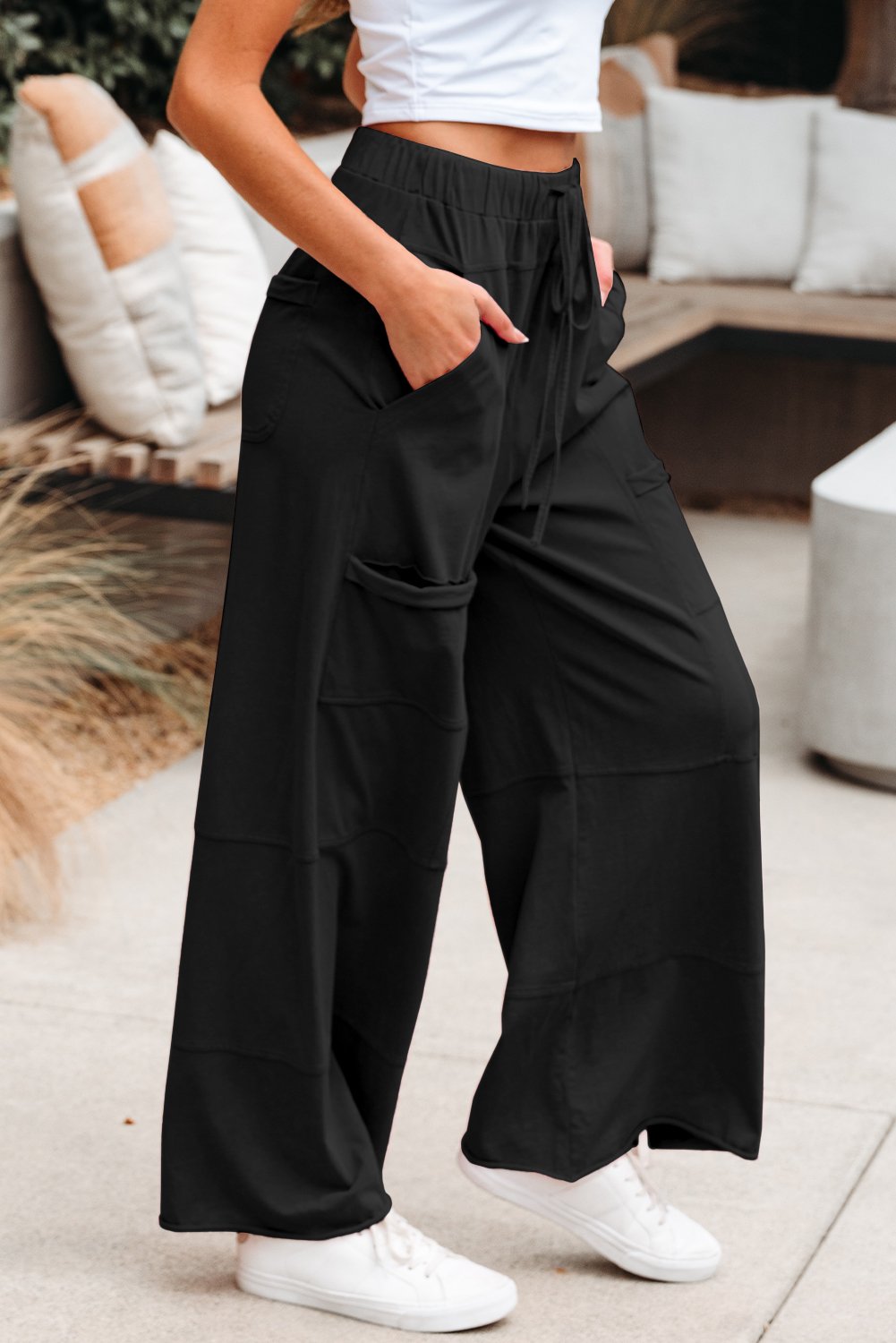Black Mineral Wash Exposed Seam Drawstring Elastic Waistband Wide Leg Cargo Pants - Image 3