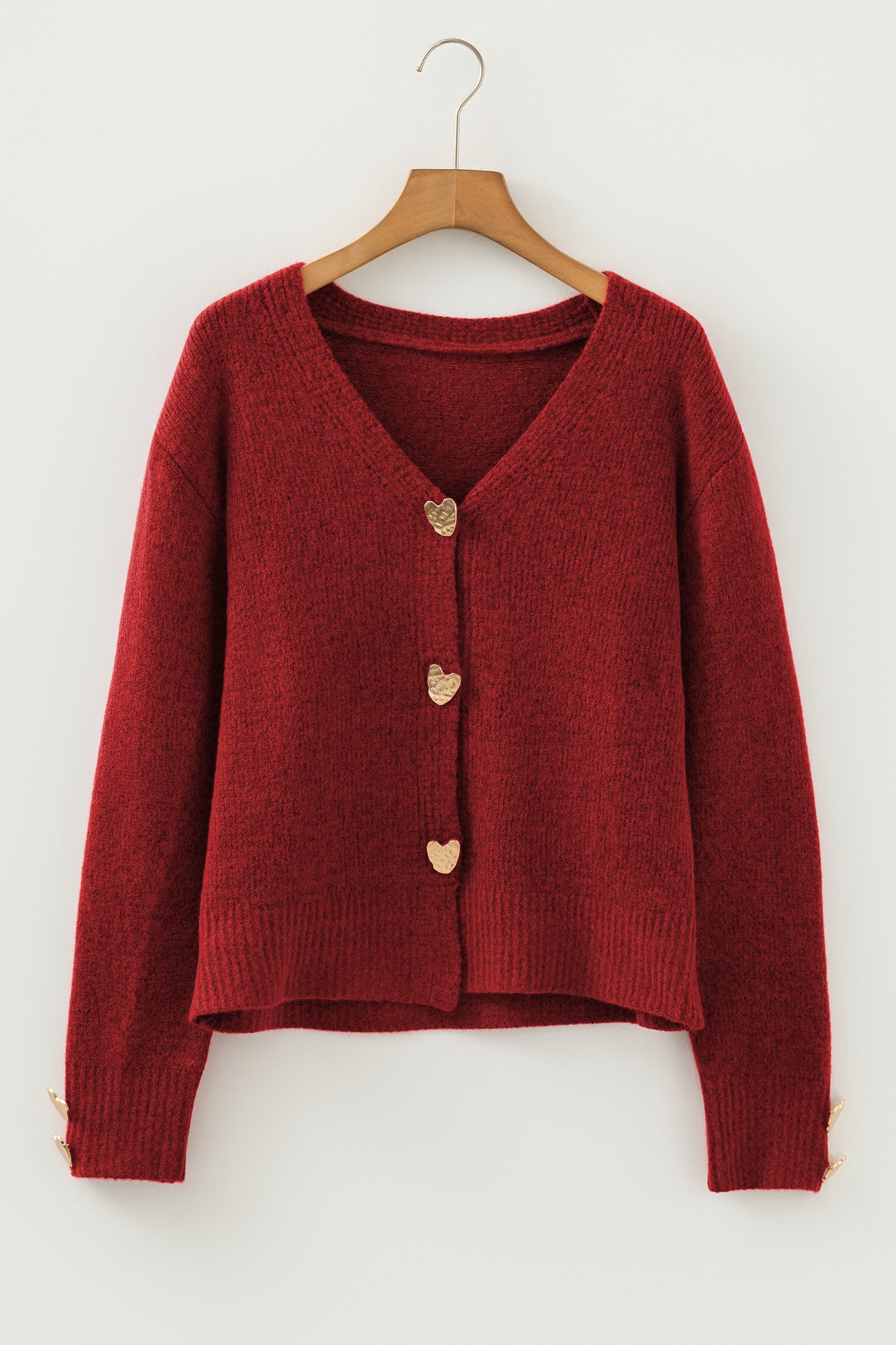 Fiery Red Heart Metal Button V Neck Cardigan Sweater - Image 9