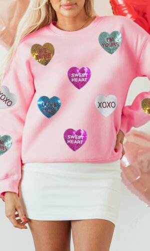 Pink Sequin Romantic Letters Heart Graphic Valentines Sweatshirt