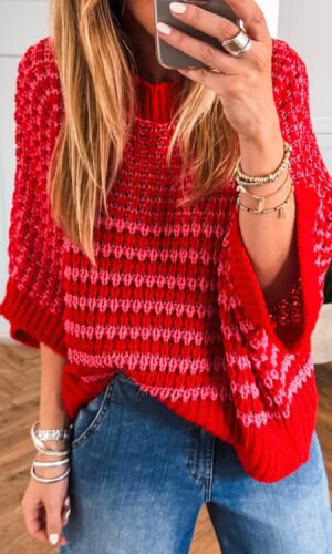 Red Stripe 3/4 Draped Sleeve Slouchy Sweater