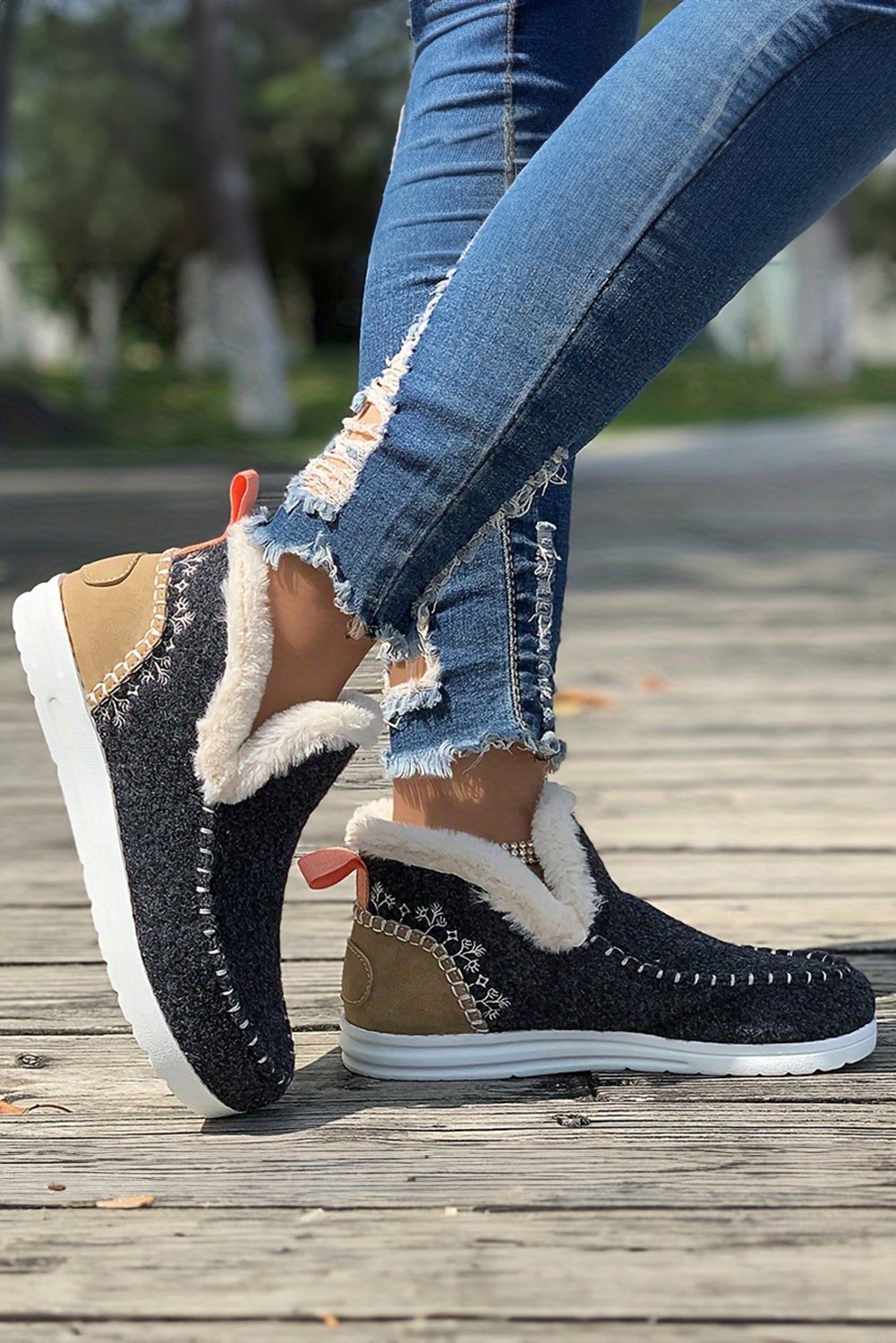 Carbon Grey Suede Stitching Patchwork Plush Lined Anklet Boots - Image 2