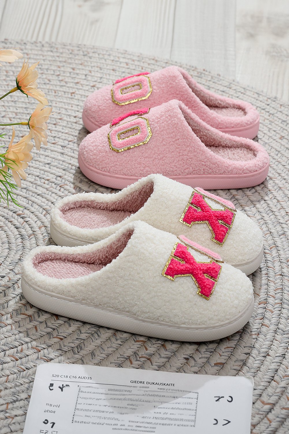 Pink XO XO Glitter Trim Letter Patched Plush House Slippers - Image 7