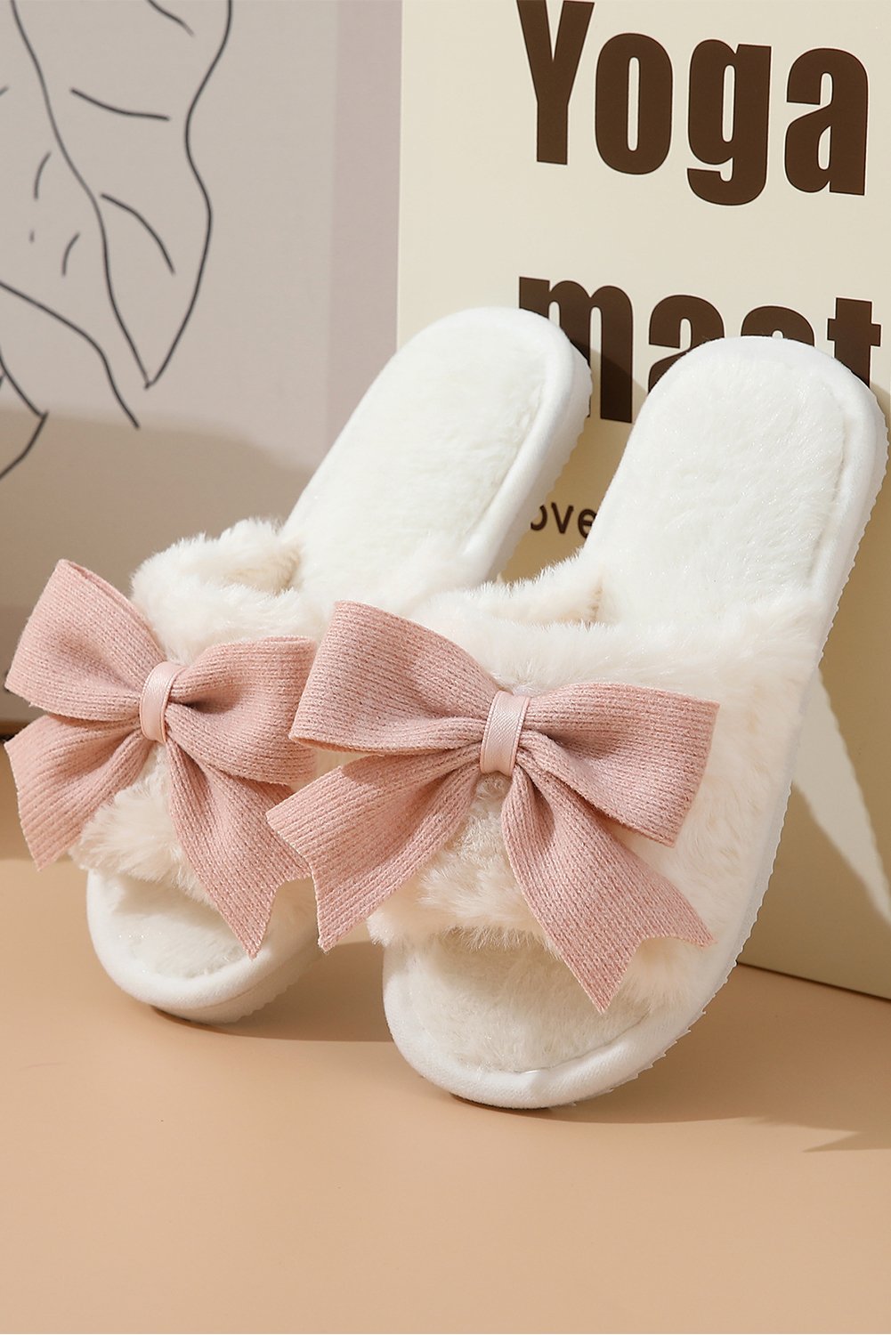 White Bow Knot Decor Open Toe Plush Slippers - Image 2