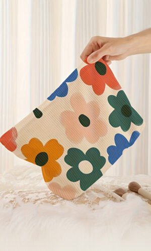 White Floral Print Corduroy Minimalist Storage Bag