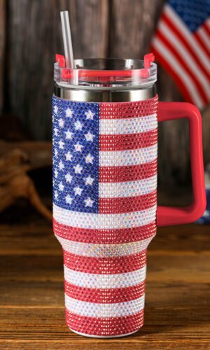 Red Rhinestone American Flag Print Handled 40oz Thermos Tumbler