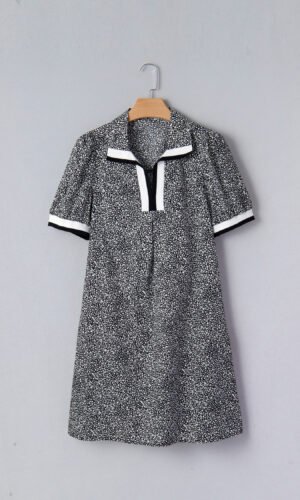 Black Leopard Print Contrast Striped Trim Polo Collar Short Sleeve Dress with Pockets