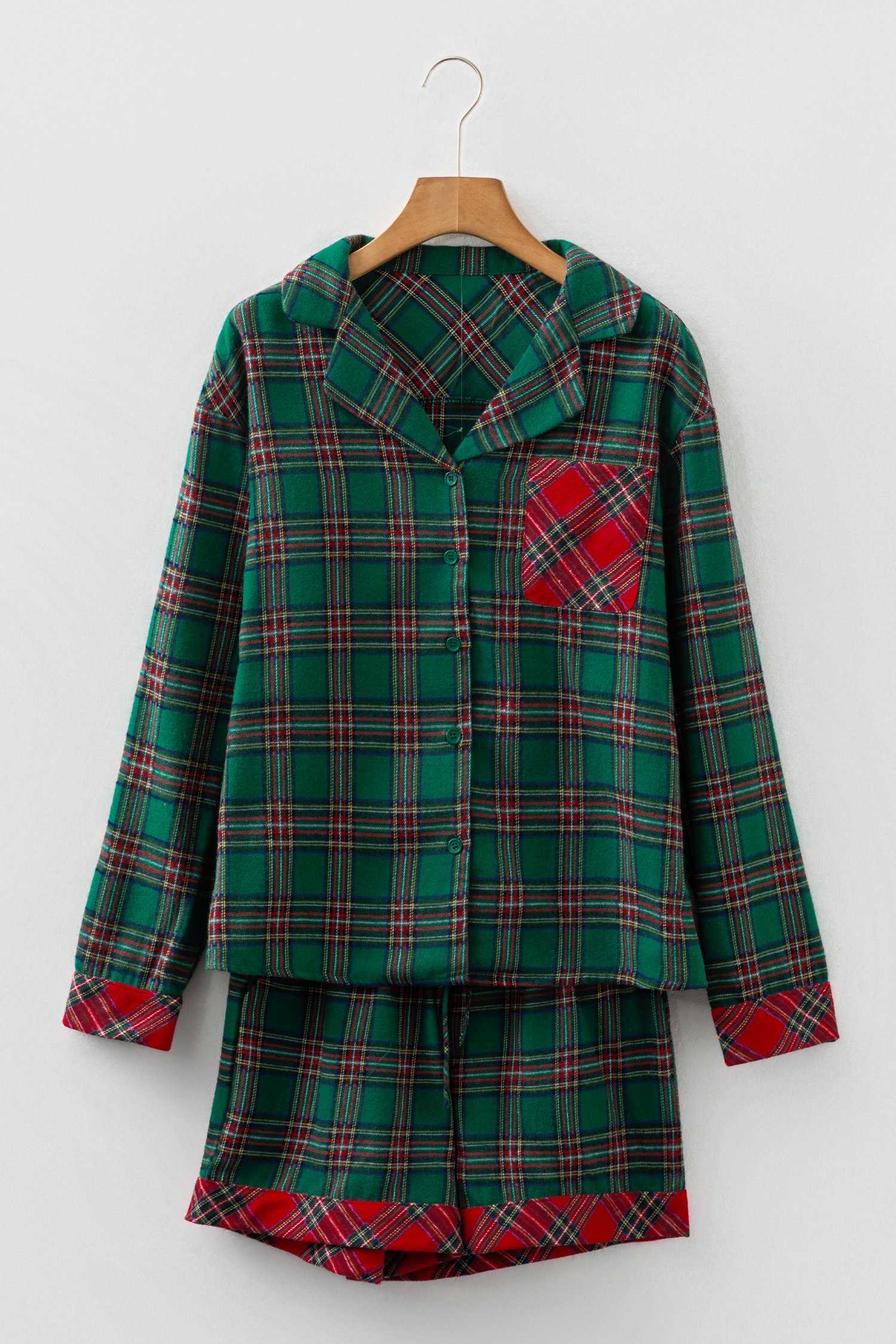 Green Plaid Contrast Patched Christmas Holiday Long Sleeve Shirt and Short 2pcs Pajama Set - Image 8