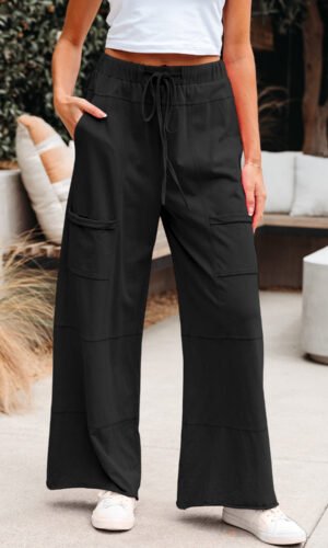 Black Mineral Wash Exposed Seam Drawstring Elastic Waistband Wide Leg Cargo Pants