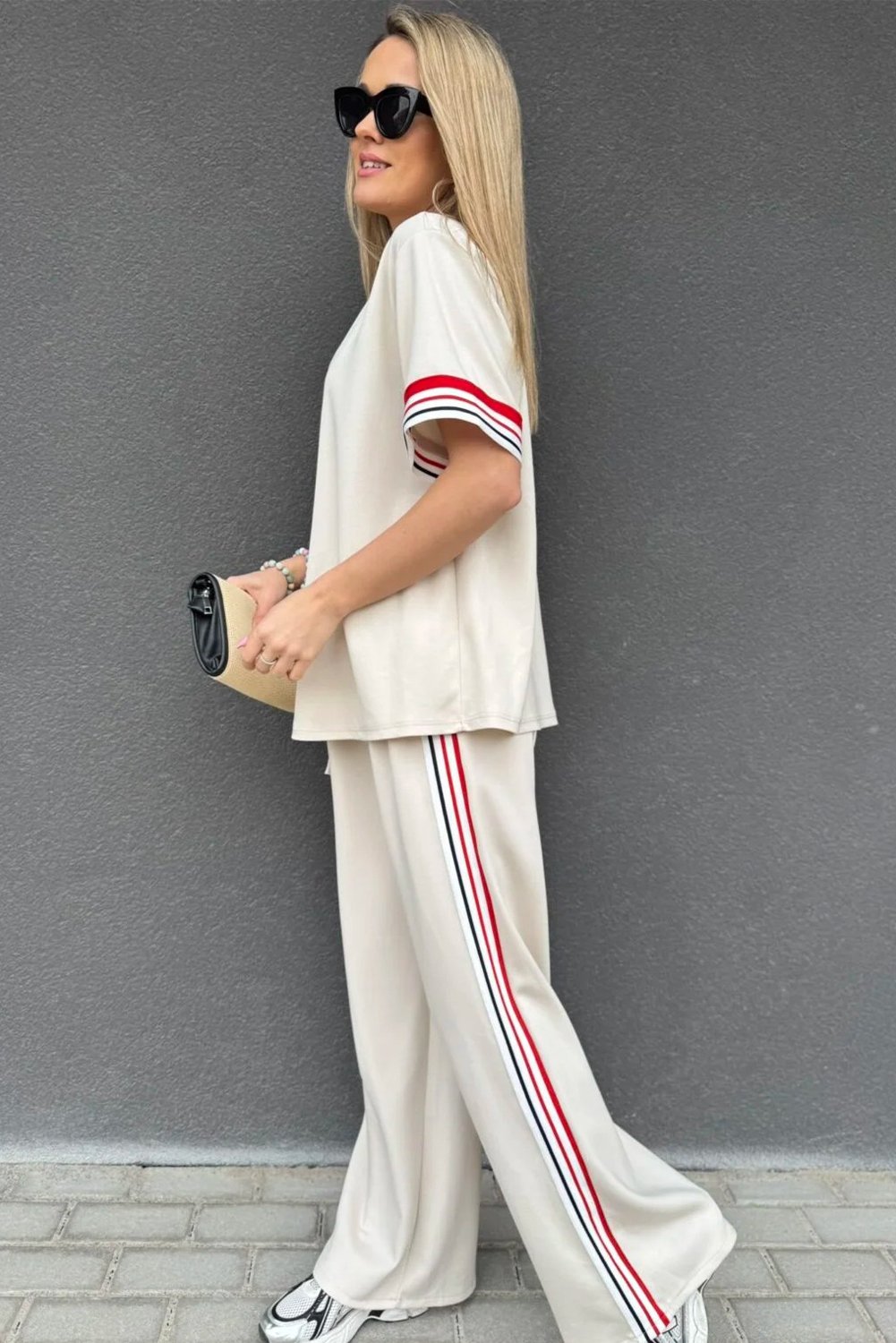 Jet Stream Contrast Striped Trim Crewneck T Shirt Loose Straight Pants Set - Image 7