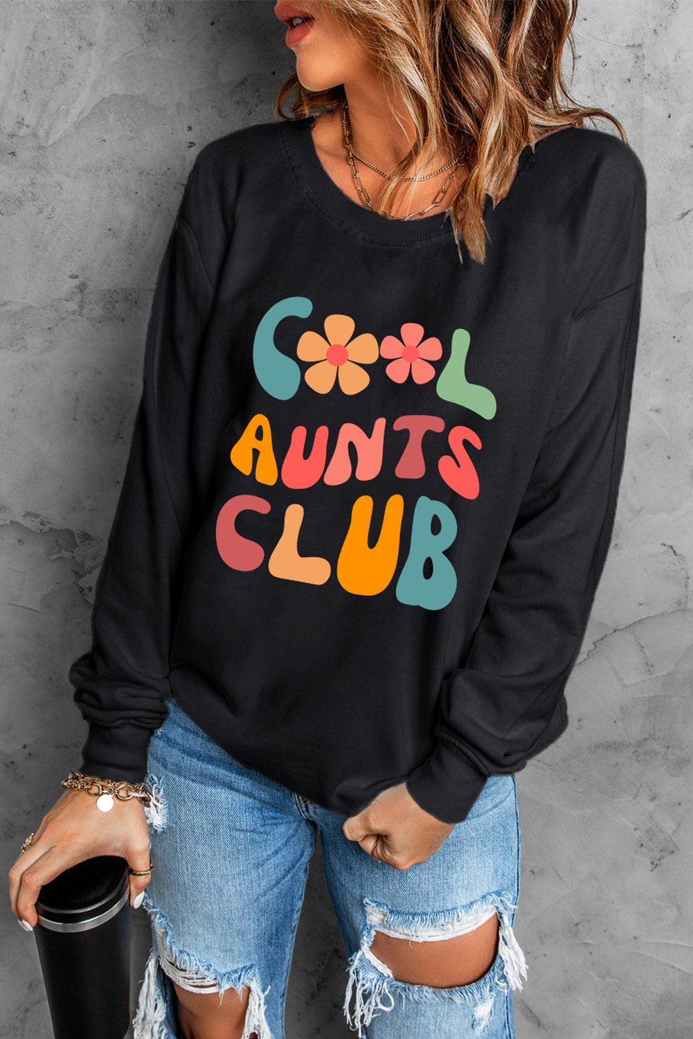 Black Floral COOL AUNTS CLUB Graphic Pullover Sweatshirt - Image 6