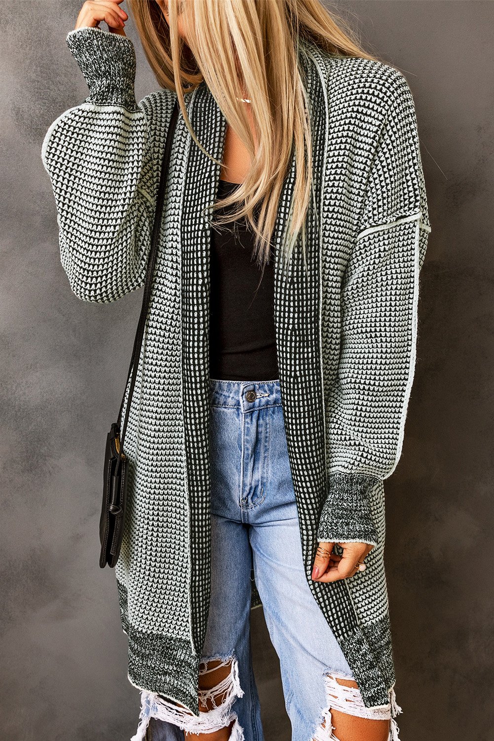 Gray Plaid Knitted Long Open Front Cardigan - Image 6