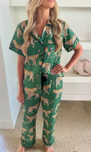 Green Cheetah Print Short Sleeve Shirt and Pants Pajama Set